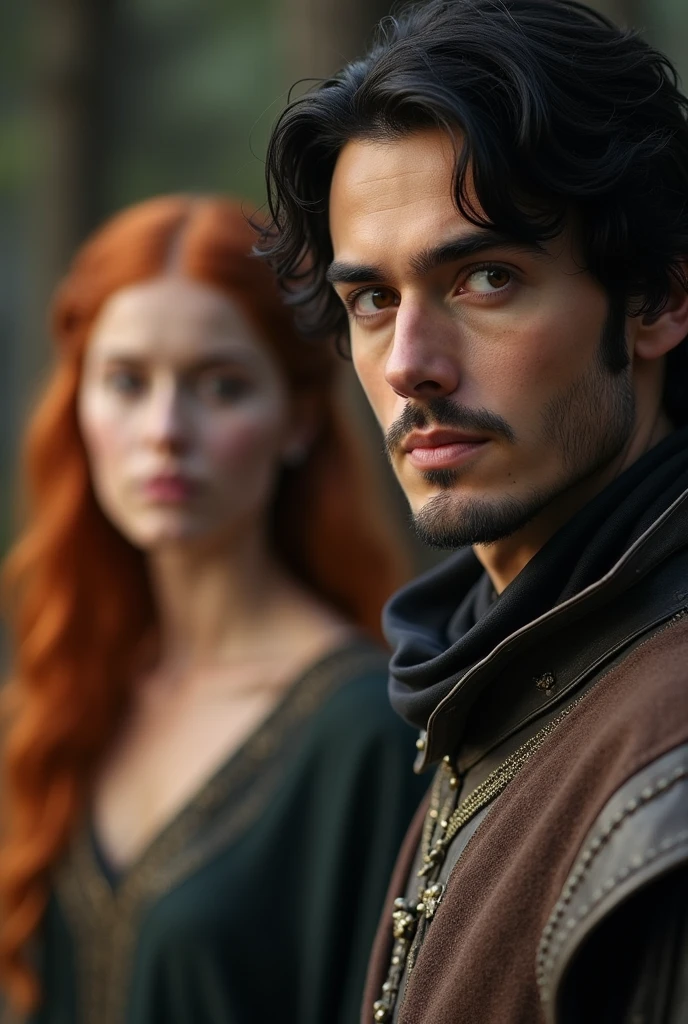 Blurred image of redhead woman in the background, while black-haired man from ancient medieval times looks forward symbolizing acceptance