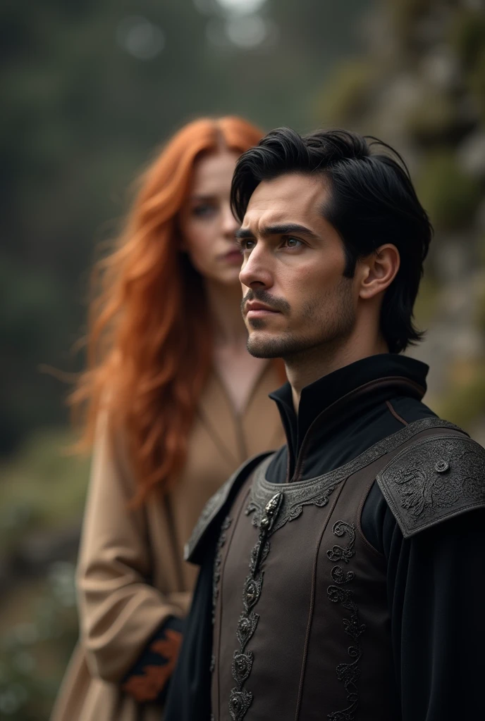 Blurred image of redhead woman in the background, while black-haired man from ancient medieval times looks forward symbolizing acceptance 
