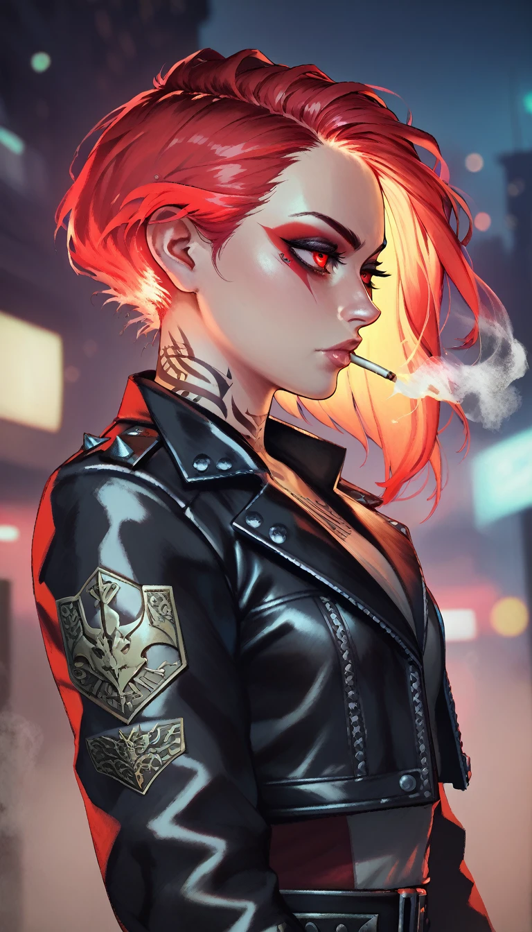 score_9, score_8_up, score_7_up, 1girl, detailed face, eyelashes, red hair, glowing hair, red eyes, neck tattoos, black leather jacket, intricate leather jacket, embroidered leather jacket, smoke, bokeh, blurry background, night city background, gwentystyle,