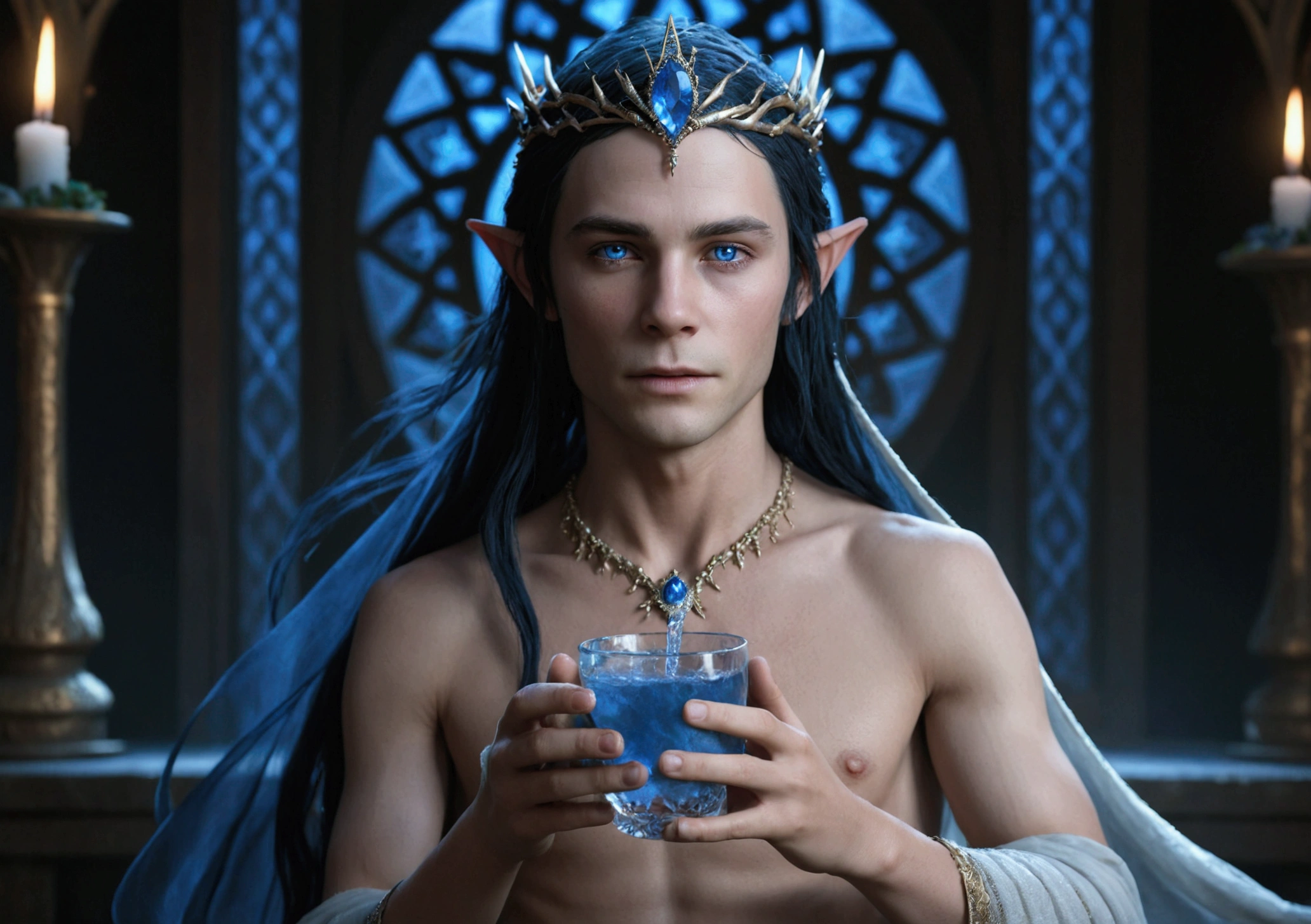 An elven goddess sits on her throne in her male harem, her figure slender yet powerful, Her facial features are sharp and elegant, with a strong jawline and high cheekbones. Her piercing deep blue eyes are intense and almost hypnotic, staring at the viewer. Her long, flowing black hair has an eerie sheen. Her skin is an eerie, pale shade with a cold, bluish undertone, giving her an ethereal, ghostly appearance. She is completely nude, except for headdress, made from jagged spikes of blue crystal. A naked young boy is suckling at her right breast. A naked  boy stands beside her, holding a cup of water, and her hand is covering his penis. The goddess's expression is serene and maternal, while the boys look up at her with adoration and longing. The atmosphere is one of eerie calmness and subtle sensuality, cinematic lighting, explicit, detailed, ultra detailed, 4k, made in unreal engine