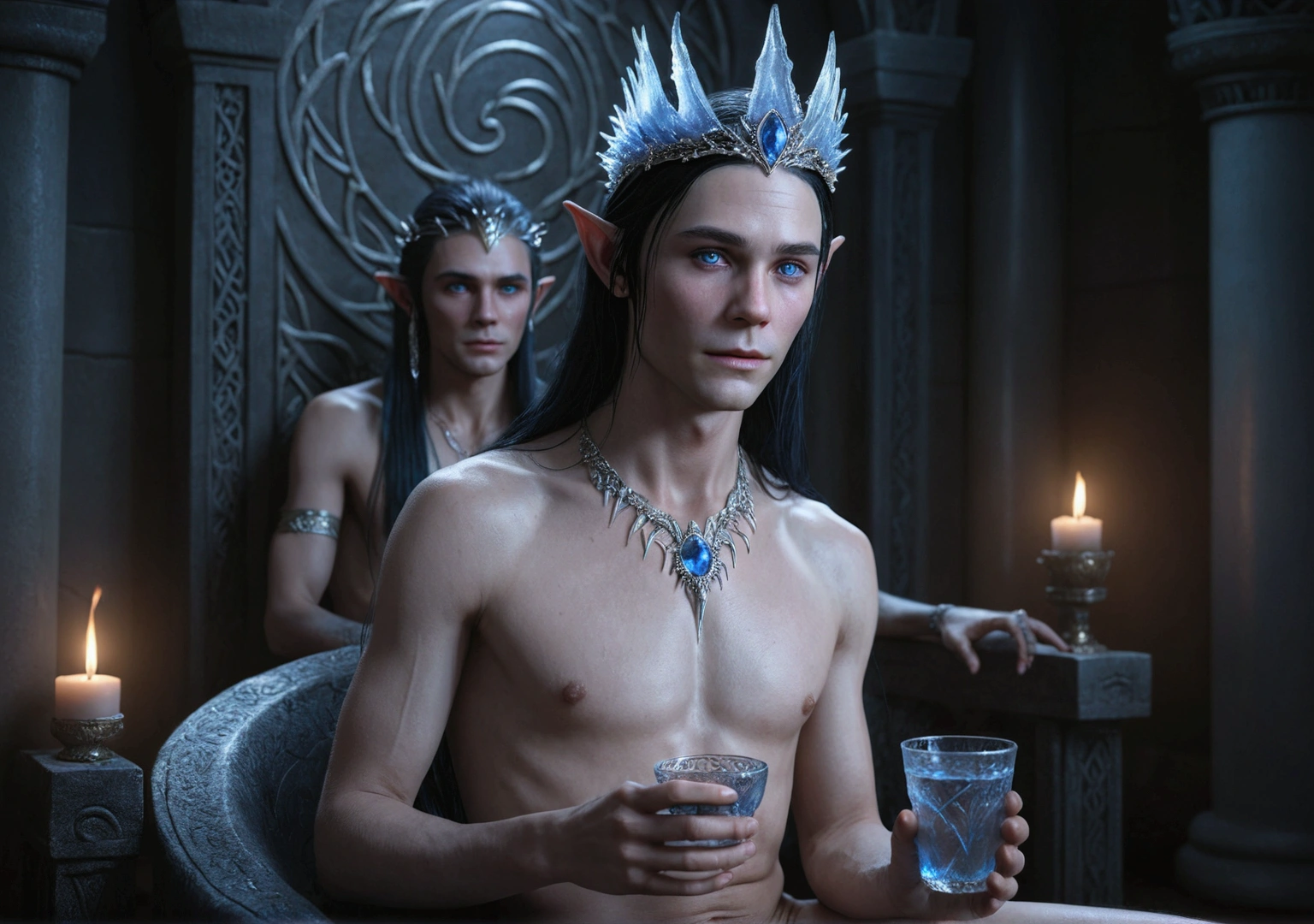 An elven goddess sits on her throne in her male harem, her figure slender yet powerful, Her facial features are sharp and elegant, with a strong jawline and high cheekbones. Her piercing deep blue eyes are intense and almost hypnotic, staring at the viewer. Her long, flowing black hair has an eerie sheen. Her skin is an eerie, pale shade with a cold, bluish undertone, giving her an ethereal, ghostly appearance. She is completely nude, except for headdress, made from jagged spikes of blue crystal. A naked young boy is suckling at her right breast. A naked  boy stands beside her, holding a cup of water, and her hand is covering his penis. The goddess's expression is serene and maternal, while the boys look up at her with adoration and longing. The atmosphere is one of eerie calmness and subtle sensuality, cinematic lighting, explicit, detailed, ultra detailed, 4k, made in unreal engine