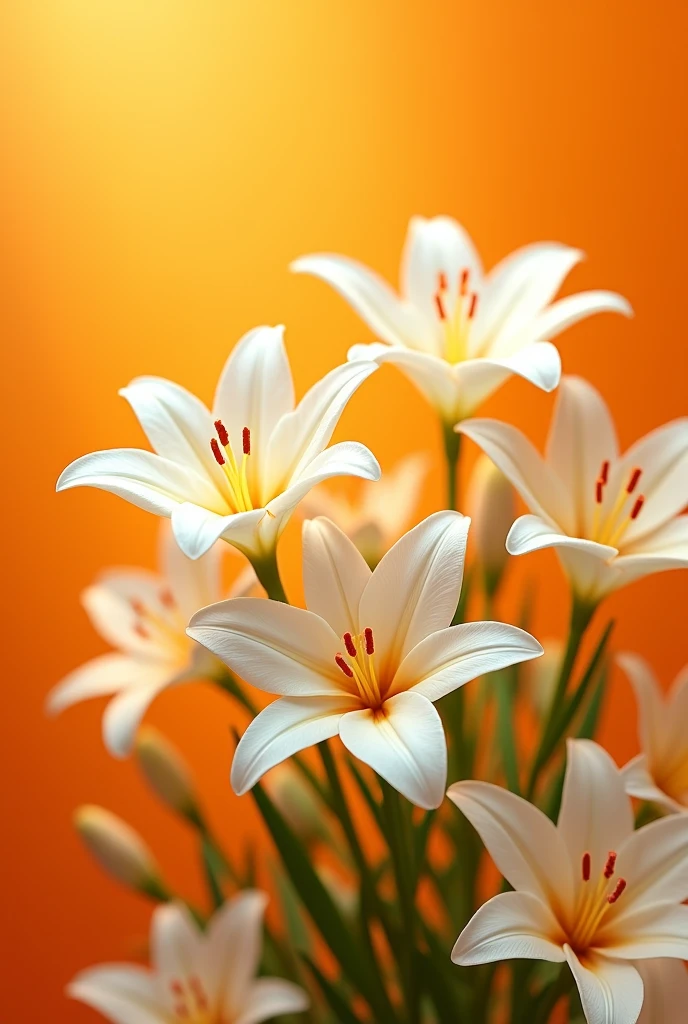 White flowers in orange background with green tones