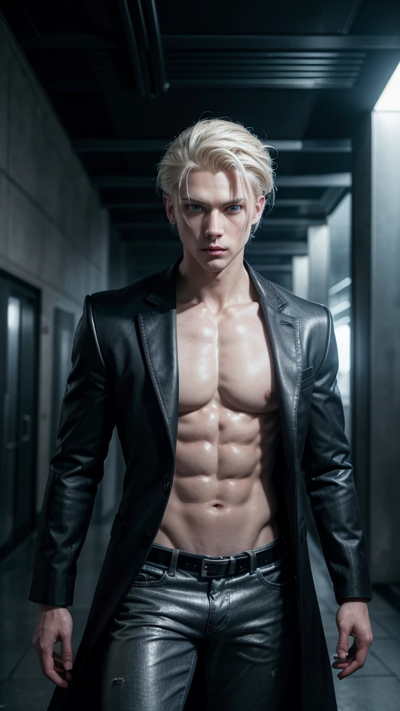 a handsome, attractive, slender humanoid man with short platinum blonde hair, blue eyes, muscular torso, hand cannon, black overcoat with worn silver details, dark gray ripped worn pants, background a futuristic world