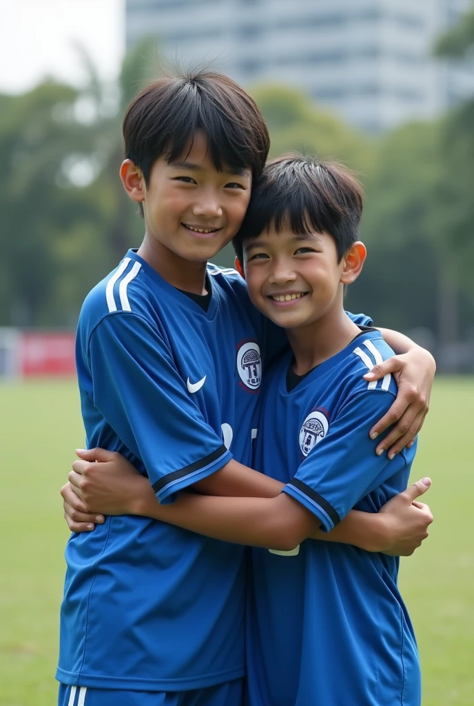 Soccer Boys。。Dark skin。Blue uniform。Japanese。Photo style。Two people hugging each other。Handsome like a model。リアルなPhoto styleで出力して