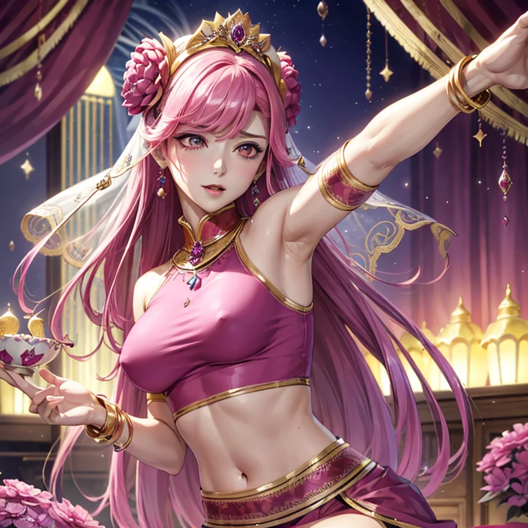 装飾的なGorgeousドレスを着た女性, Flowers in hair, CG society hot topic, Fantasy art, ((Beautiful Fantasy Empress)), アニメのgoddess, 8K high quality, detailed art, 美しく優雅なQueen, Beautiful Celestial Magician, Very luxurious, (((Sweaty,Sweat pours down,Beautiful sweaty armpits,Slimy and shiny armpits,Mature women showing off their armpits))),gem, nice, wonderful, Gorgeous, noble, Noble, (((goddess))), Queen,(((Indian style decoration))),Glowing Skin,Perfect Face,parvati, pink eyes, veil, jewelry, earrings, bracelet, crop top, midriff, navel