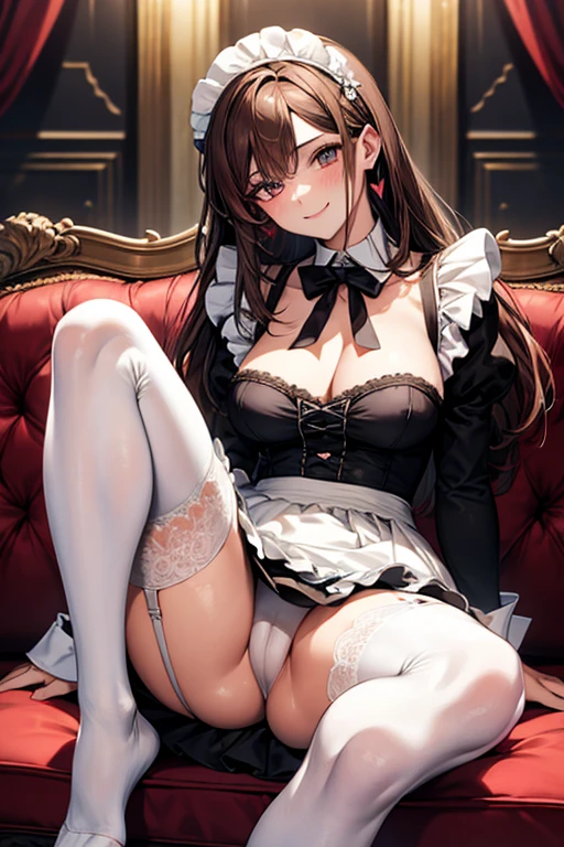 Highest quality, masterpiece, Adult women,8 heads,Sexy mother,Long sleeve maid outfit,Without skirt,Long Hair,Brown Hair,Hearts in eyes,Dark Room,Sit shallowly on the sofa,Spread your legs、Leg spread,White tights,White garter belt,No underwear,Female organ,A seductive smile, Plump thighs,Long legs,Droopy eyes, Low - Angle,NSFW