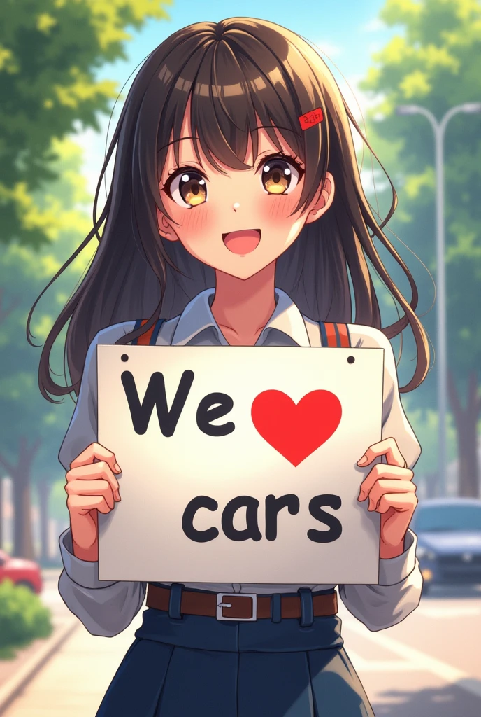 a beautiful and lovely woman holding a sign "We love cars", happiness, happy, anime illustration, realistic, painting