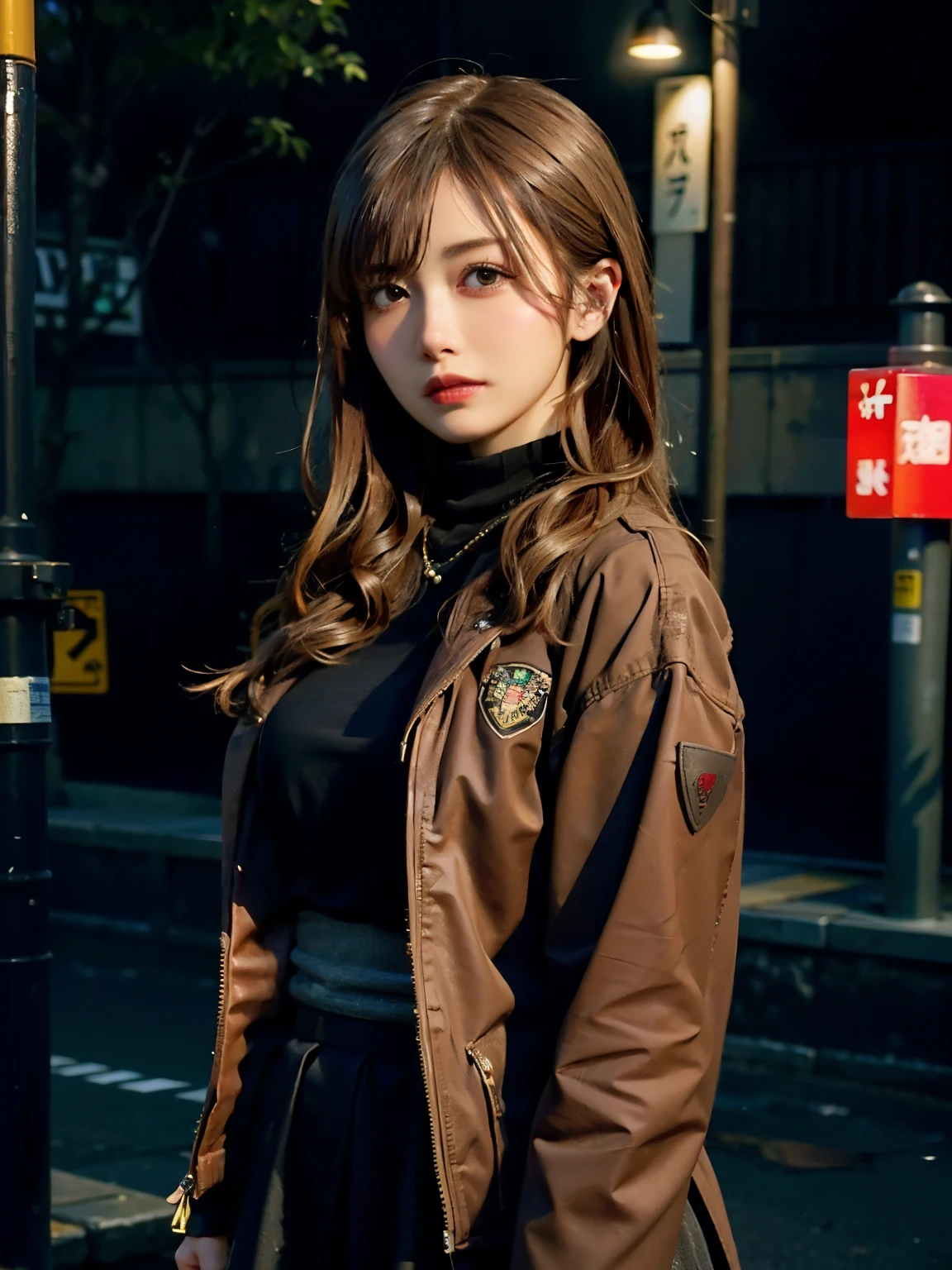 An exquisite masterpiece,(super high quality: 1.32), (Ultra-high resolution: 1.4), (Ultra-high resolution: 1.3), (CG Unity 8k Wallpaper: 1.2), (Detailed eyes and skin: 1.35), (Detailed facial features: 1.25), (Detailed eyes: 1.36), Accurate and perfect human anatomy, (Textured skin: 1.26),Wearing a black short jacket and black boots、Woman standing on a city sidewalk, Wearing a tank top, Wearing a pleated skirt, Street fashion in Japanese cities, Short skirts and short jackets, Tokyo Cyberpunk Night, Cyberpunk Anime Girl, Tokyo Fashion, Japanese Street Fashion, Photos of women in techwear, egirl, e - girl