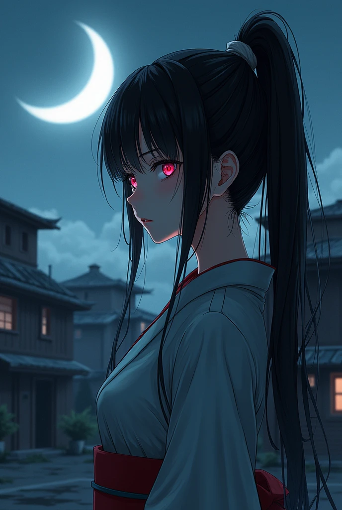 Long Black Hair、Hair tied up、15 years old、woman、kimono、The background is a large crescent moon、On the roof of an old building、Too much exposure、Red eyes、Cold look、profile、Anime Style、Wearing a haori