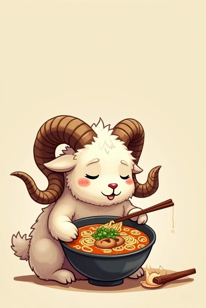 2D cartoon of a ram, slightly sideways, With horns, with eyes closed, eating ramen