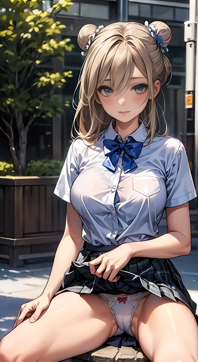 (masterpiece:1.2, Highest quality), (Realistic, photoRealistic:1.4), Beautiful illustrations,
Looking at the audience, whole body, Front view:0.6,
1 girl, Japanese, high School girl, (Long Hair:1.5), Hair fluttering, ((Hair Bun:1.5)), bangs, Hair between the eyes, Big Breasts:0.8,
Beautiful Hair, Beautiful Face, Beautiful and detailed, Beautiful clavicle, Beautiful body, Beautiful breasts, Beautiful thighs, Beautiful legs, Beautiful fingers,
(Beautiful views), , School,
((Collared short-sleeved shirt, White shirt, , Grey plaid pleated skirt, Blue checked bow tie)), White panties,
(Are standing, , Lift up the skirt, Grab the hem of your skirt, please put your hand on your chest, Place your hands between your legs),
blush, ,