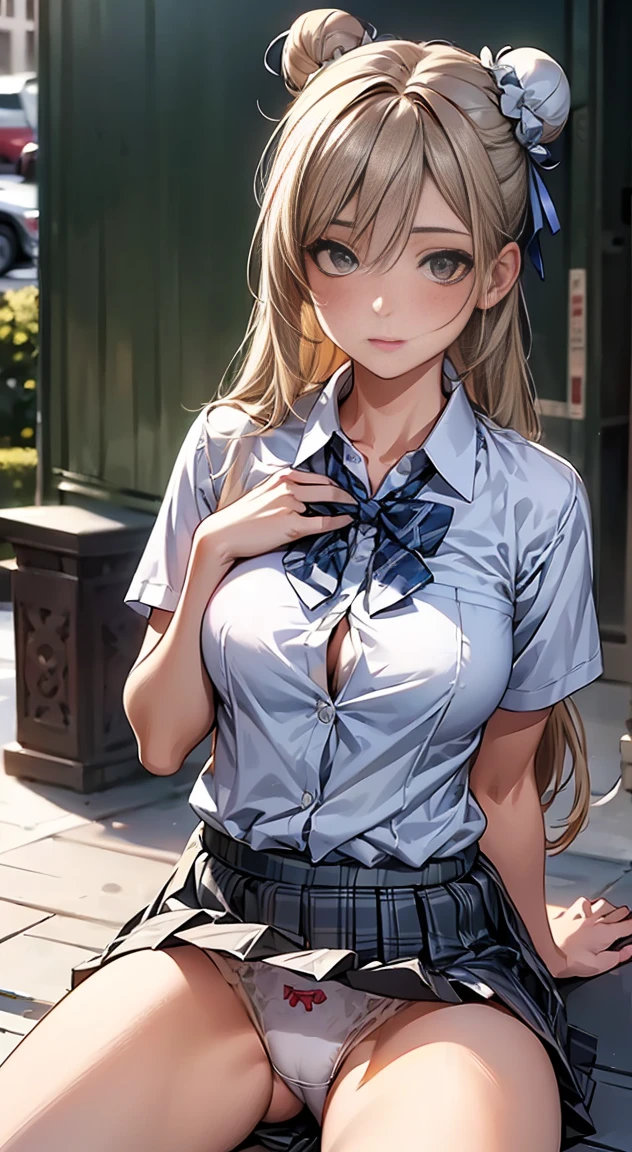 (masterpiece:1.2, Highest quality), (Realistic, photoRealistic:1.4), Beautiful illustrations,
Looking at the audience, whole body, Front view:0.6,
1 girl, Japanese, high School girl, (Long Hair:1.5), Hair fluttering, ((Hair Bun:1.5)), bangs, Hair between the eyes, Big Breasts:0.8,
Beautiful Hair, Beautiful Face, Beautiful and detailed, Beautiful clavicle, Beautiful body, Beautiful breasts, Beautiful thighs, Beautiful legs, Beautiful fingers,
(Beautiful views), , School,
((Collared short-sleeved shirt, White shirt, , Grey plaid pleated skirt, Blue checked bow tie)), White panties,
(Are standing, , Lift up the skirt, Grab the hem of your skirt, please put your hand on your chest, Place your hands between your legs),
blush, ,