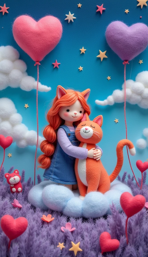 Our Felt Style,surreal space,abstract,A girl weaving with a cat is hugging each other,Fluffy love heart,fluffy clouds,star,grass,flowers,In my dream、A vivid and fun way to set the stage,blue, Purple and pink tones,bright,Art