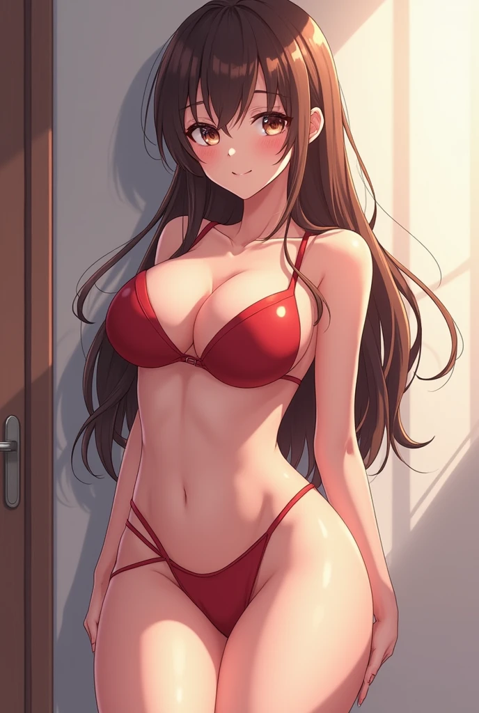 Generate an anime girl with big tits and big thighs 