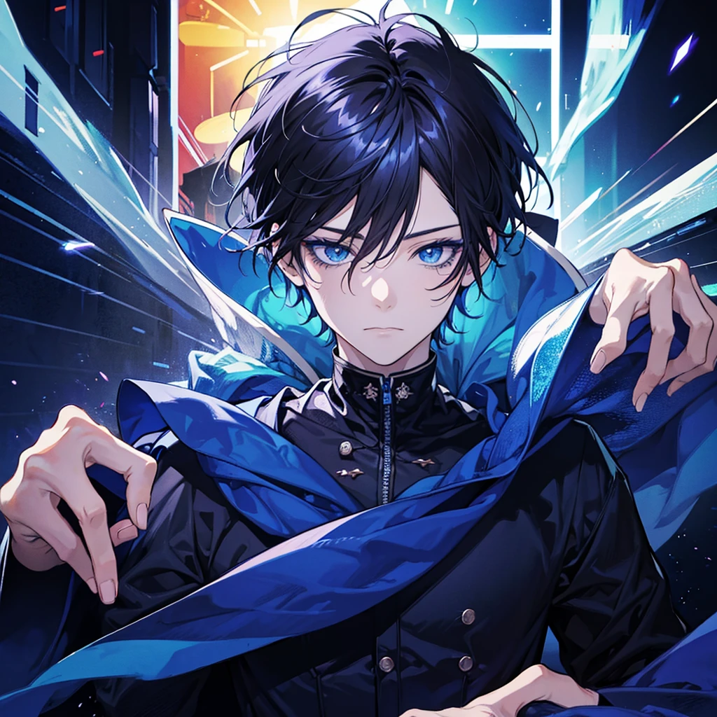 An anime boy with dark hair, and piercing, electric blue eyes