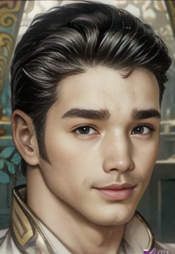 hyperrealistic digital brush painting art by (alphonse mucha:1.3), boy mix face between Iko uwais and jaden Smith as a majapahit prince, age 22, of A muscular white man, wearing harness, bodybuilder, sweaty body, white pale redish skin, clean shaven, black wide big areolas, big pointy puffy nipple, mythology, intricate detail, studio lighting, medium shot, shoulder angles, handsome, masculine, mix race between korean and Arab, closeup portrait, golden ratio face, small smile, mid back length hair, natural scene, landscape countryside, bokeh background, expert, 8k, studio portrait, soft light, rim lighting, photorealistic, cinematic lighting, masterpiece, high details, high quality, Huge nipples,