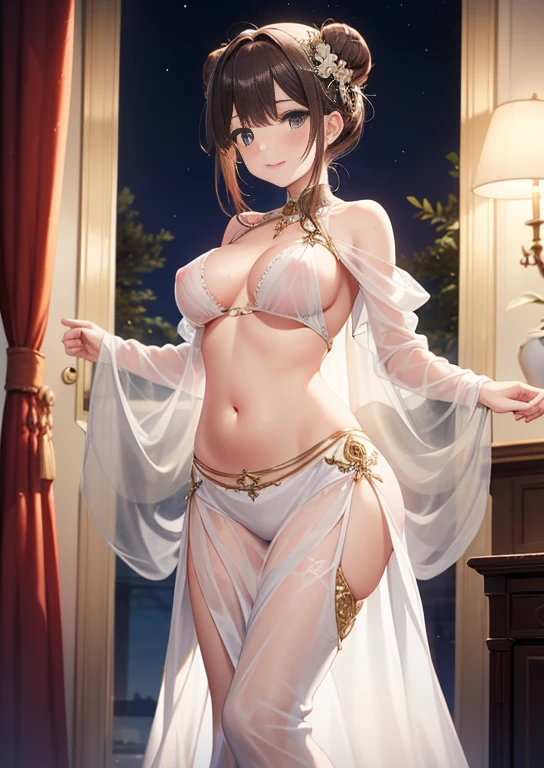 Masterpiece, sksrin,a beautiful urban female model, white transparent clothes under empty night stars, disappearing transparent bra, facial details, detailed body part details, 8k wallpaper, tight, looking at viewer, short hair, sweating, Hoshizora rin, gold, thong panties,moist, glowing eyes, cowboy shot, veil cape,shy pose