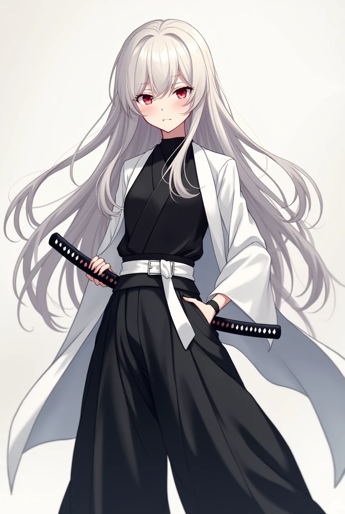 white long hair, red eyes, anime girl, black hakama pants, black shirt uniform, white modern belt, white long sleeve haori, katana on the hips.