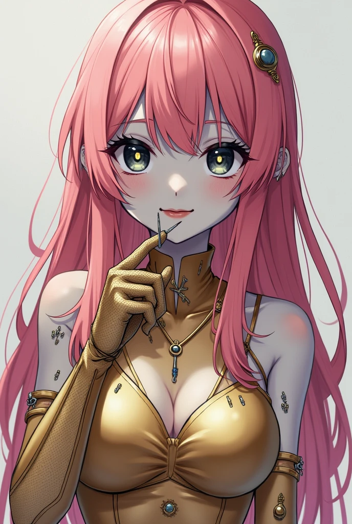 anime girl with pink hair, Gray skin, completely black eyes with a white spot, golden clothing with mesh gloves and bottles, on the body marks of needles and threads, Model body with a sweet look but a dark smile