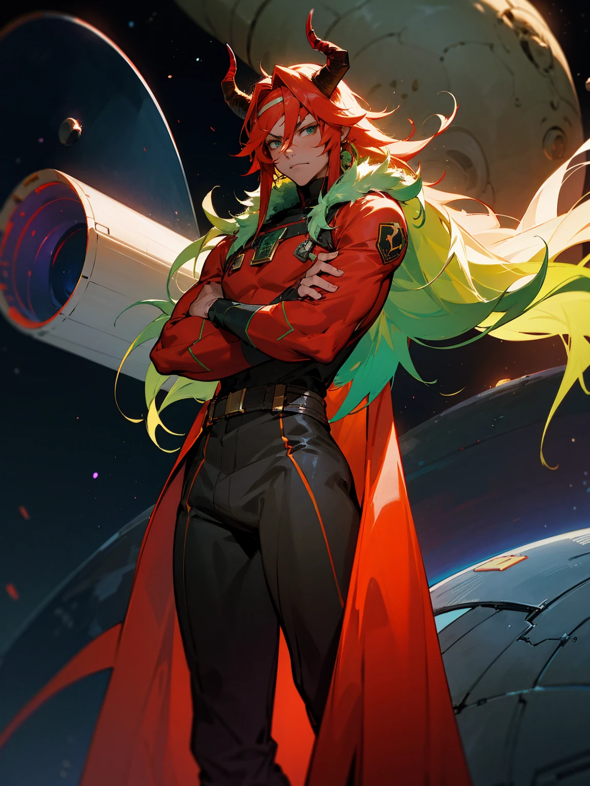 1male, adult, red skin, horns, long green messy hair, headband, super suit, tied to waist, oversized fur coat, serious, muscular, space ship, arms folded, facing viewer
