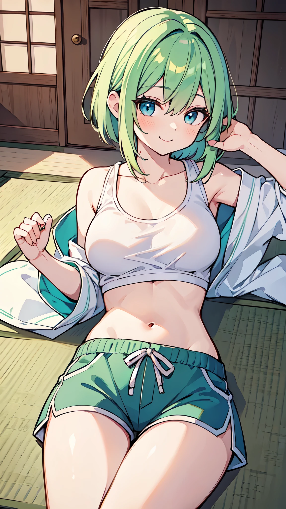 ((A Pretty girl with green hair and blue eyes lying on the tatami)), ((wearing the white tanktop and short pants)), Baby face, ((top-quality, master piece, ultra-definition, high resolution)), anime girl, ((ultra-detailed illust:1.2)), only one person, bangs, hair between eye, beautiful hair, Beautiful eyes, medium breast, belly button, shiny thighs, Big smile, in the traditional Japanese room