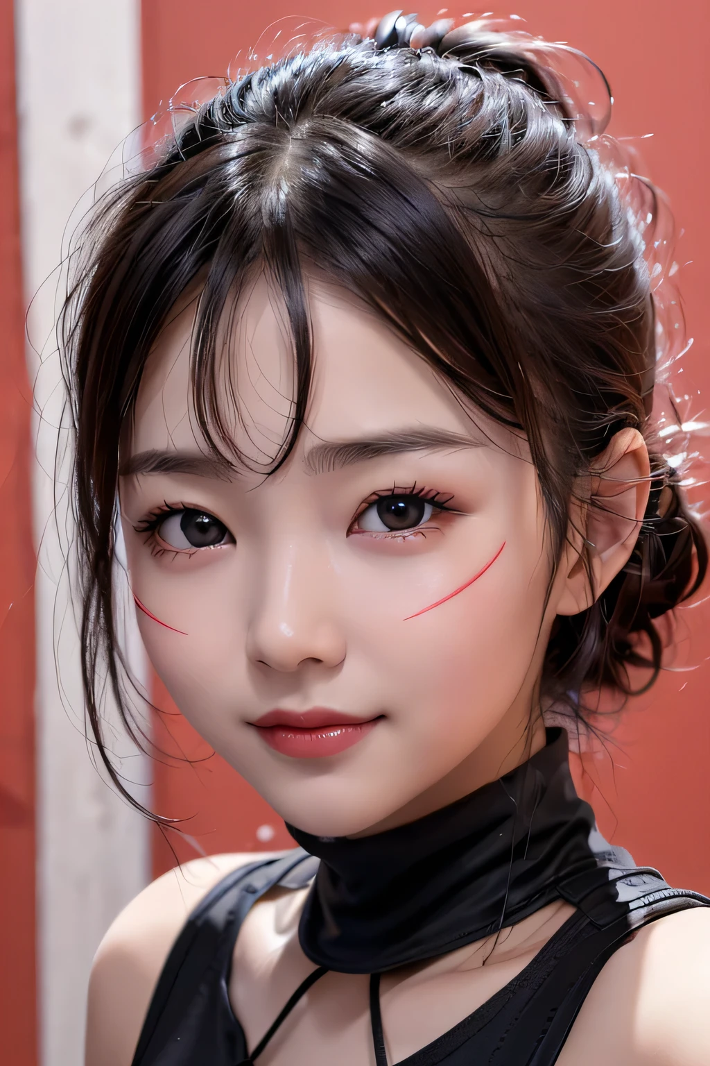 ８K, Portraiture, Portraiture, (alone), masterpiece, Highest quality, abs、athletic、、Round face、((Upper shot close-up))、(Matte black clothing with red lines:1.3)、Black Hair、(Open Front:1.3)、Lazy Smile、(black eye)