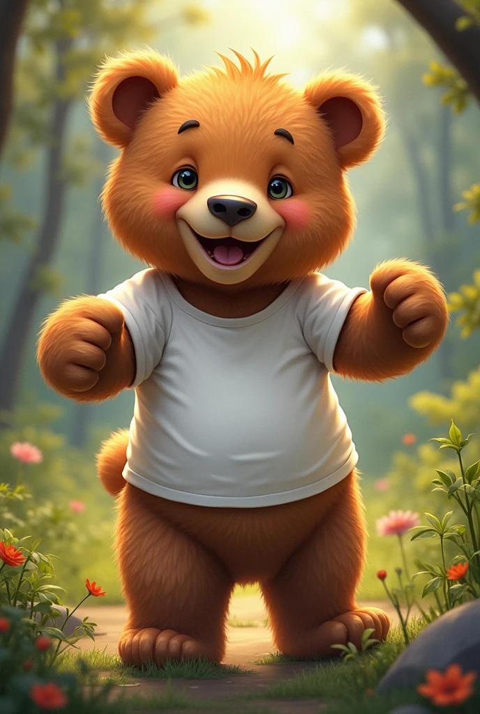  cute bear Jo white tshirt or pant pahana ho uski akhon mai Garv aur Himmat ki chamak hai baground Jungle 