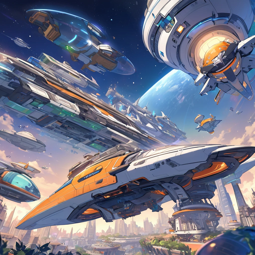 spaceships flying over a futuristic city with a star filled sky, utopian space ship, futuristic spaceships, small retro starship in the sky, futuristic starship, futuristic spaceship, space ships, high tech spaceships, futuristic space station, space ship, cartoon fantasy spaceship, spaceship design, retro spaceships parked outside, small starship near, flying spaceships, spaceships