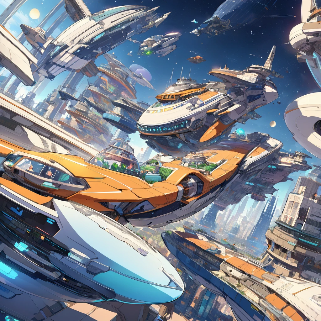 spaceships flying over a futuristic city with a star filled sky, utopian space ship, futuristic spaceships, small retro starship in the sky, futuristic starship, futuristic spaceship, space ships, high tech spaceships, futuristic space station, space ship, cartoon fantasy spaceship, spaceship design, retro spaceships parked outside, small starship near, flying spaceships, spaceships