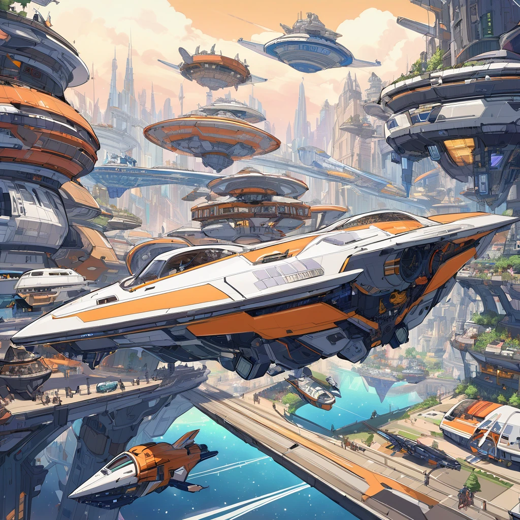 spaceships flying over a futuristic city with a star filled sky, utopian space ship, futuristic spaceships, small retro starship in the sky, futuristic starship, futuristic spaceship, space ships, high tech spaceships, futuristic space station, space ship, cartoon fantasy spaceship, spaceship design, retro spaceships parked outside, small starship near, flying spaceships, spaceships
