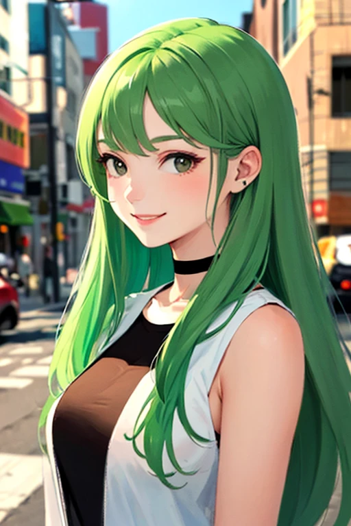 ((masterpiece)), (((best quality))), chromatic lighting,
colorized, green + white limited color palette,
detailed concept drawing,
Street Fashion, on a Large Intersection,
portrait, 20yo 1girl, medium soft breasts, slender, long green hair, black eyes, smiling, no weird objects or colors on the face