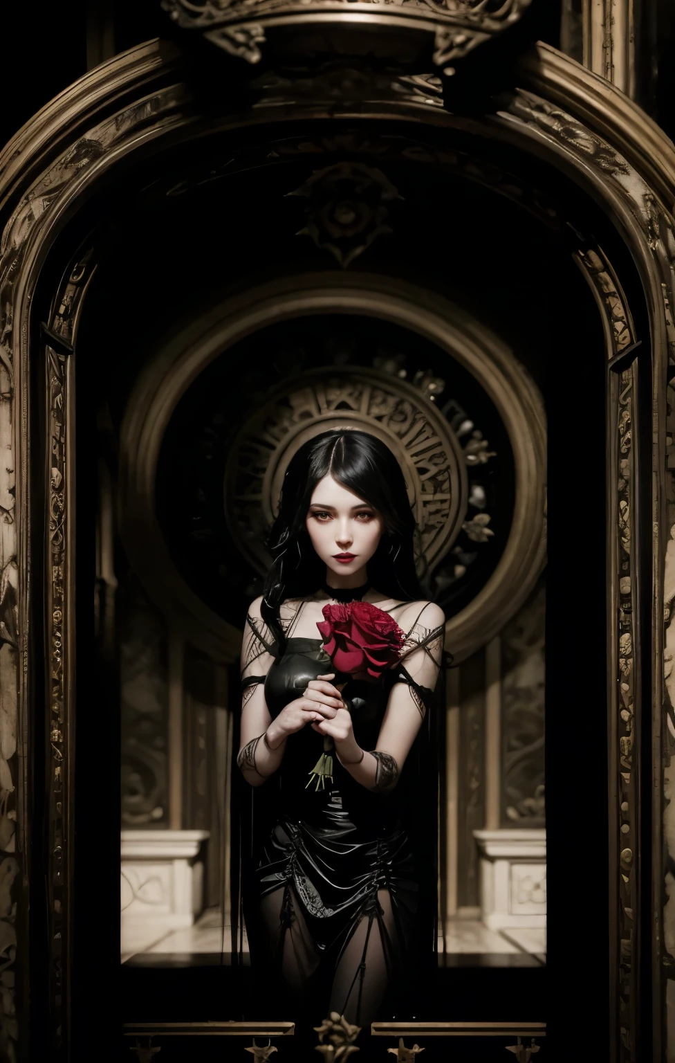 sultry woman in a black dress holding a red rose, gothic art style, tom bagshaw art style, gothic art, natalie shau tom bagshaw, gothic fantasy art, style of tom bagshaw, Gothic style, Tom Bagshaw inspirado, Gothic and futuristic, in the style of tom bagshaw, in style of tom bagshaw, gothic fantasy