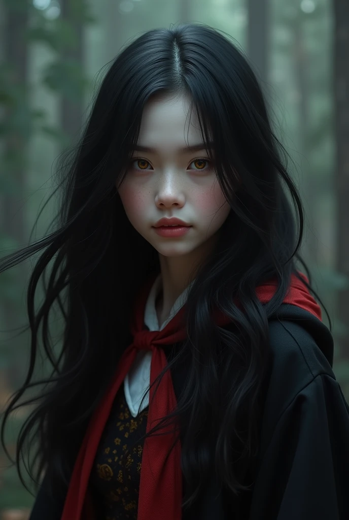 a girl about 18 years old, a beautiful girl with a cold beauty with long, loose black hair bouncy hair, a few strands of hair in the front of her face in a fluttering style, she has beautiful, captivating yellow eyes, she wear a and black cloak with red hem of gryffindor uniform ,Hogwarts, she looks quite thin she has white skin,it like 3d stylé