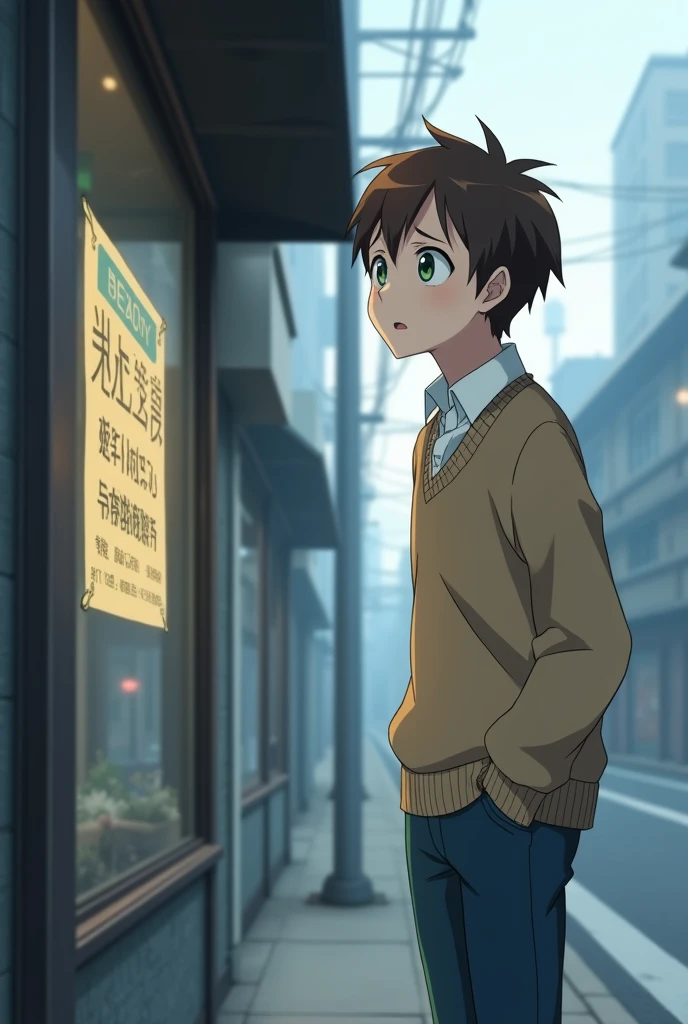 a anime  Boy with brown hair and green eyes with a light brown sweater, a white shirt underneath and dark blue pants, with a frightened expression and a little scared as he looked at a sign taped to a shop window on the sidewalk, the sky with fog and buildings behind in the streets of Tokio Japan anime style