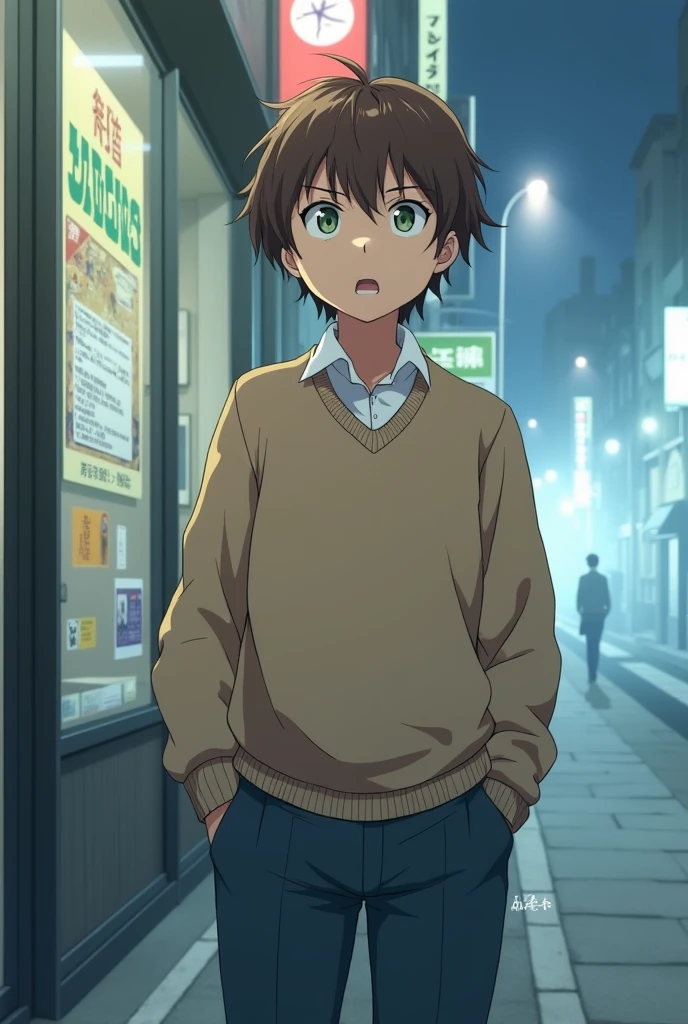 a anime adolescent Boy with brown hair and green eyes with a light brown sweater, a white shirt underneath and dark blue pants, with a frightened expression and a little scared as he looked at a sign taped to a shop window on the sidewalk, the sky with fog and buildings behind in the streets of Tokio Japan anime style