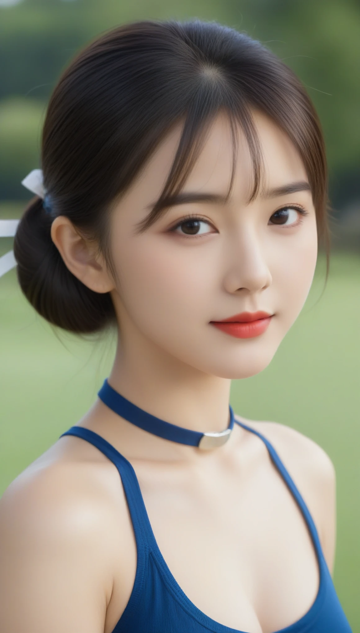 8k, Ultra-high resolution, Highest quality, masterpiece, 三分割法によるphotograph,Surreal, photograph, 1 girl, (:1.3), pretty girl, Cute Face, Beautiful eyes in every detail, 細かくdetailedに,masterpiece,, One Girl:1.2, Japanese high school girls,cowboy shot,smile,Black hair,Bowl cut, Natural skin texture,((very small head:1.3)),Gorgeous eyes,smile,((Toned body,Slender body,skinny)),(Golf Wear:1.5),(Golf course:1.5),Pencil Skirt,Knee socks,Sensual,(Tight waist:1.4)、(Beautiful girl with perfect body proportions:1.4),Red lips,(choker:1.4),Thin lips,屈託のないsmile,Heal the heart,Please close your mouth and laugh、(((Ideal body type))),A-cup small breasts :2,、Portraiture:2,Looking at the audience,Perfect Anatomy,鮮明なdetailed,detailed,Surreal,Light and shadow,sunbeam