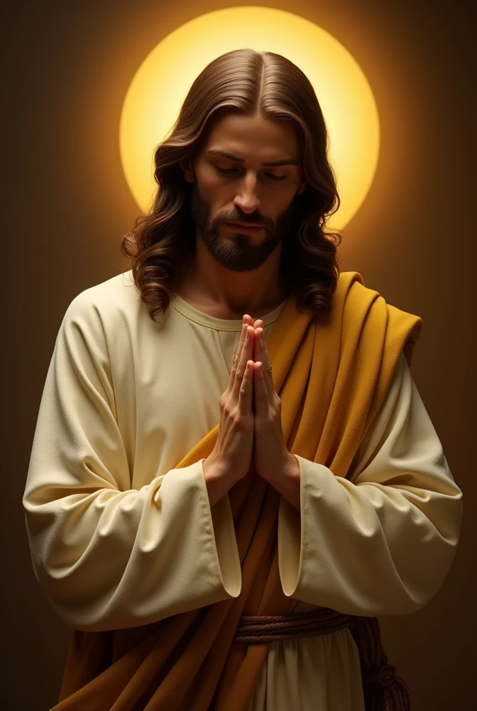 "The Holy Image of Jesus, His face was calm., Fold your hands and pray devotionally, Illuminated by golden light.Realism，full-body shot，Standing at an angle，Look down