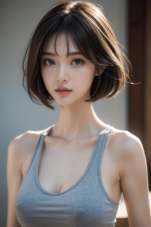 ((Best quality, 8K, Masterpiece :1.3)),   Perfect skinny Barbie,   ((cute girl)),   Slender Abs :1.1,   ((layered haircuts, Big breasts :1.2)),    ultra-detailed face,   highly detailed lips,    detailed eyes,   long eyelashes， Make-up face with lipstick,   ((tank top))