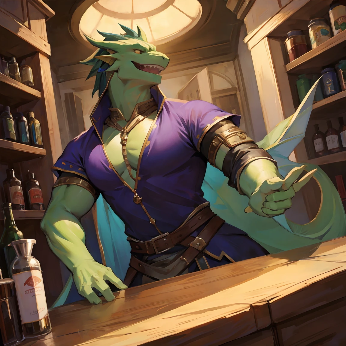(masterpiece, 4K, ultra detailed, RAW photogr:1.2)illustratio, massive green dragon, tight medieval clothing, massive Chest bulge, welcoming smile, the counter in a shop, full of glowing potions, dynamic angle,
