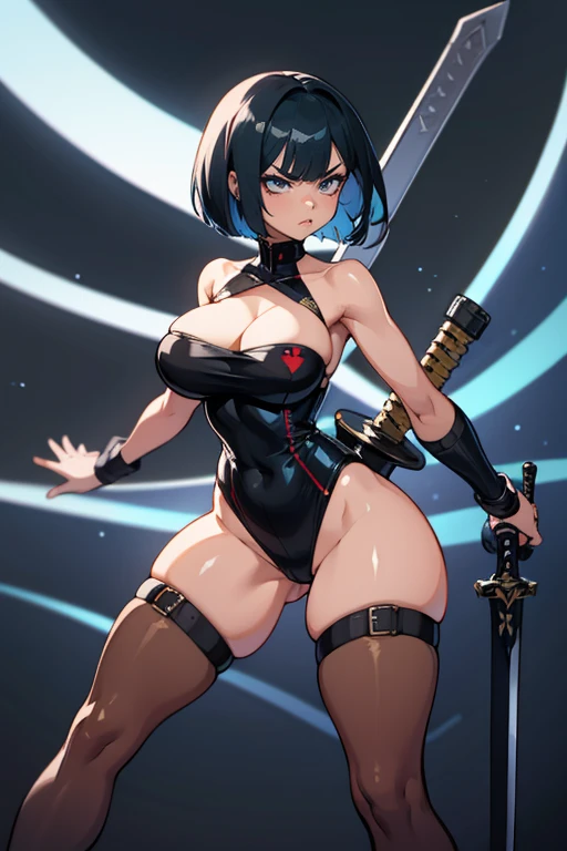 Cuberpunk, thick hips, thick thighs, platform heels, bandeau top, high cut leotard, huge breast, thin waist, tight stockings, bob cut hair, weapon, tanned skin, sword, angry look, soldier girl, thick body,
