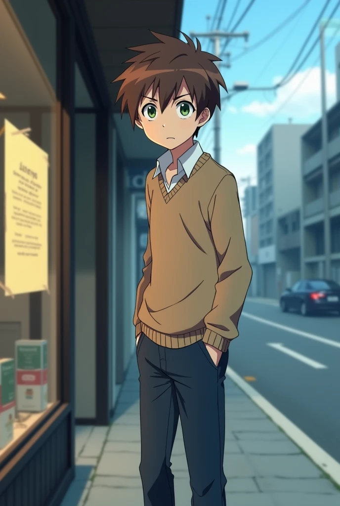 a anime adolescent Boy with brown hair and green eyes with a light brown sweater, a white shirt underneath and dark blue pants, with a frightened expression and a little scared as he looked at a sign taped to a shop window on the sidewalk, the sky with fog and buildings behind in the streets of Tokio Japan anime style