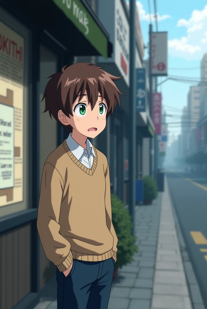 a anime adolescent Boy with brown hair and green eyes with a light brown sweater, a white shirt underneath and dark blue pants, with a frightened expression and a little scared as he looked at a sign taped to a shop window on the sidewalk, the sky with fog and buildings behind in the streets of Tokio Japan anime style