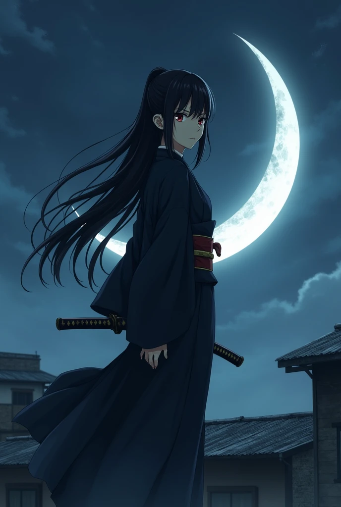 Long Black Hair、Hair tied up、15 years old、woman、kimono、The background is a large crescent moon、On the roof of an old building、Too much exposure、Red eyes、Cold look、profile、Anime Style、Wearing a black haori、Belt around the waist、Japanese sword on obi