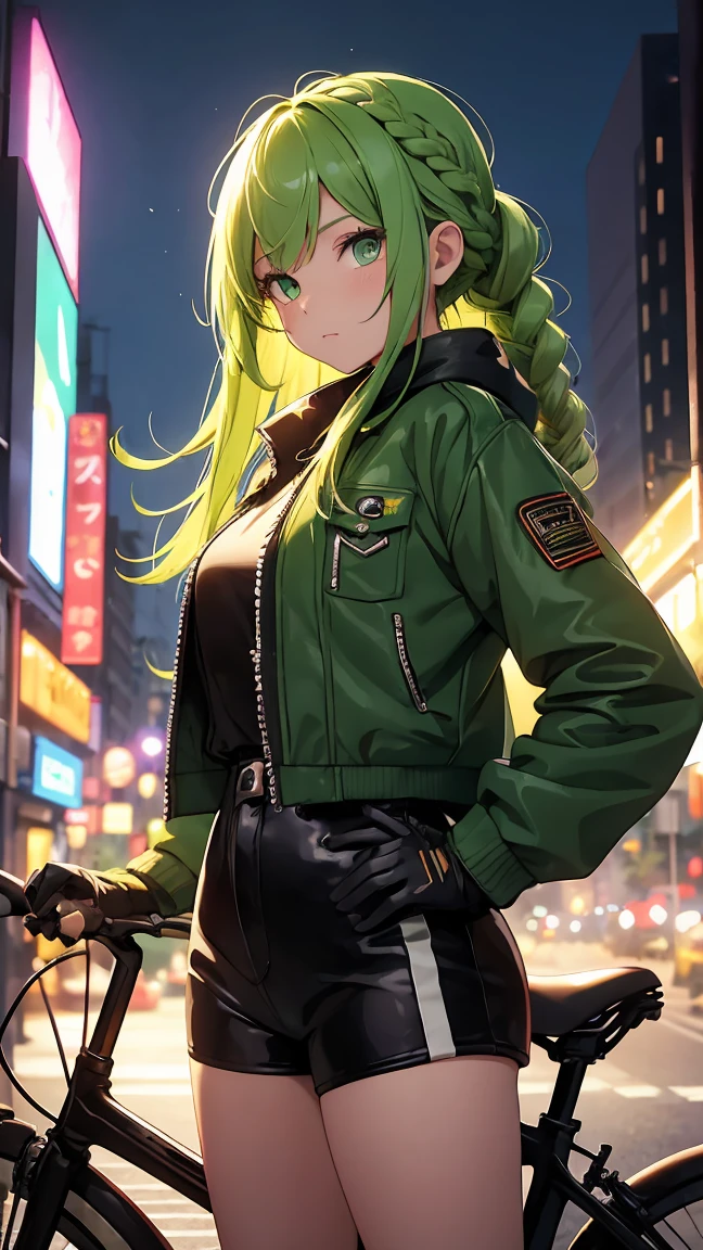 Girl 1, bright green eyes, green braided hair, jacket, shorts, city, standing next to her bike, at night, bright and shiny city, leather gloves, best quality, high detail, very detailed, high quality background