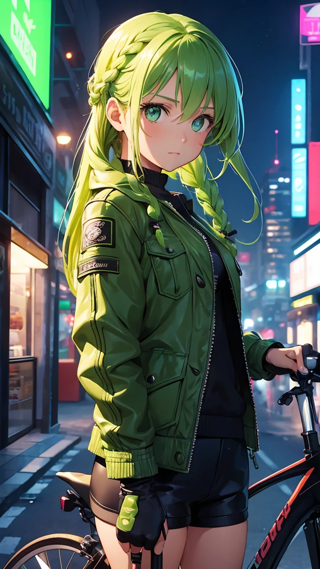 Girl 1, bright green eyes, green braided hair, jacket, shorts, city, standing next to her bike, at night, bright and shiny city, leather gloves, best quality, high detail, very detailed, high quality background