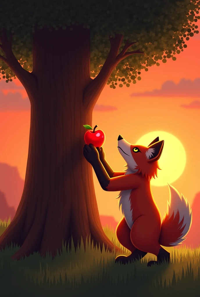 feral fox, minecraft zorro, trying to reach an apple from a tall tree,
The tree is from Minecraft, the background landscape is a reddish orange sunset art by Neytirix