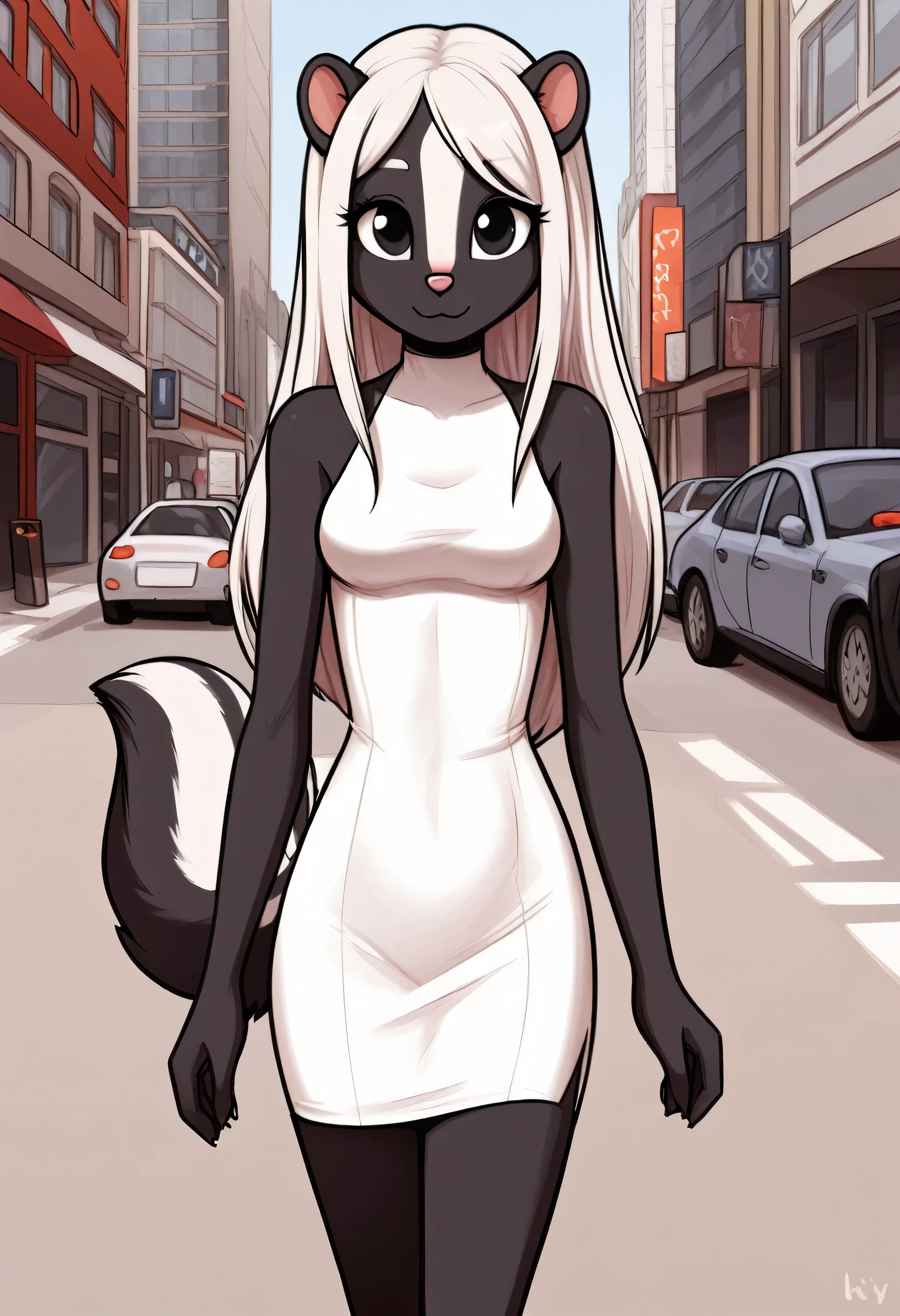 Skunk, Furry ,black fur, black eyes,Sexy, white front hair, long white hair, (((tight red dress))), ((large boobs)), (walking down city street), cute cartoon style