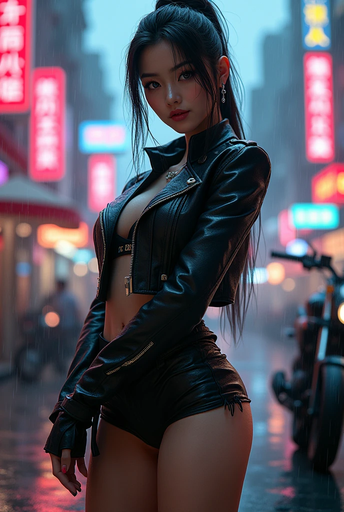 A very beautiful woman of no nationality and oriental、Wearing a black leather biker jacket and black leather shorts、Riding a large motorcycle、Holding a helmet、Tie your hair back、Smiling Kindly、Beautiful and detailed texture of black leather biker jacket、Beautifully detailed body and face、Ideal body type、Big Breasts、Tight waist、Detailed navel、Beautifully detailed thighs、Beautifully detailed eyes、Beautifully detailed mouth、Long eyelashes、Facial features are detailed、hairpin、hair ornaments、Standing with arms folded and legs apart、Cyberpunk City、night、rain、Natural lighting、Vibrant colors、breeze、Tense atmosphere、(best quality,4K,8k,highres,masterpiece:1.2),ultra-detailed,(realistic,photorealistic,photo-realistic:1.37), (anatomically correct body structure:1.4), intricate details, dynamic pose, dramatic lighting, vibrant colors, stage performance, idol aesthetic, expressive face, detailed clothing textures, emotional expression
