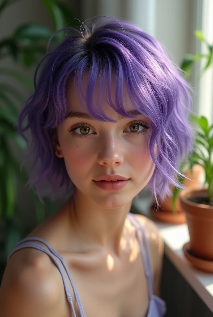 A photorealistic, highly-detailed portrait of a beautiful girl with short purple hair, facing the camera with a confident expression, the soft studio lighting highlights her facial features and the vibrant color of her hair, with potted plants in the background adding a natural, serene atmosphere, hyper detailed, realistic, cinematic, stock photography, 4k, photography, raw quality, raw image, shot with a 85mm lens, ISO 100, and a shallow depth of field to blur the background slightly, focusing on the girl's face.
