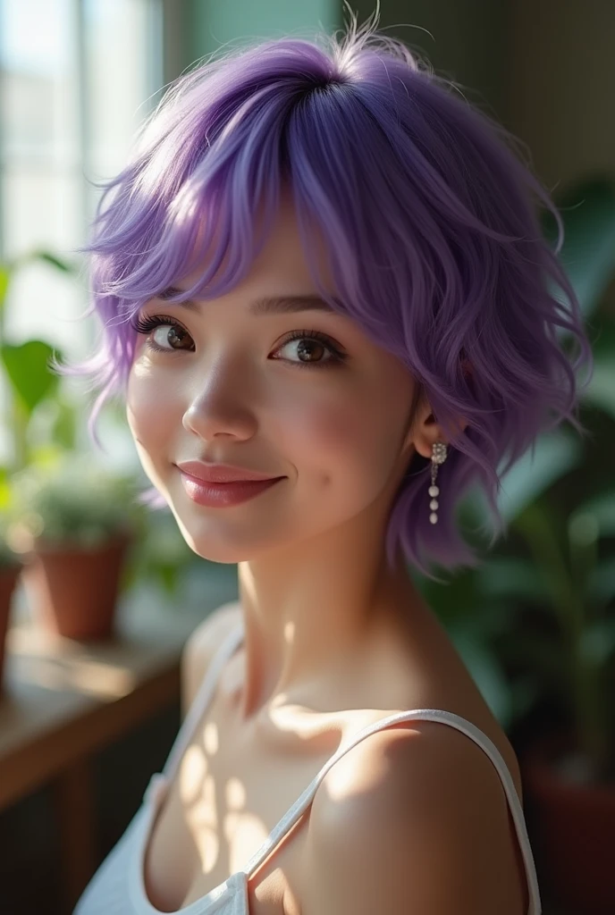 A photorealistic, highly-detailed portrait of a beautiful girl with short purple hair, facing the camera with a confident expression, the soft studio lighting highlights her facial features and the vibrant color of her hair, with potted plants in the background adding a natural, serene atmosphere, hyper detailed, realistic, cinematic, stock photography, 4k, photography, raw quality, raw image, shot with a 85mm lens, ISO 100, and a shallow depth of field to blur the background slightly, focusing on the girl's face.